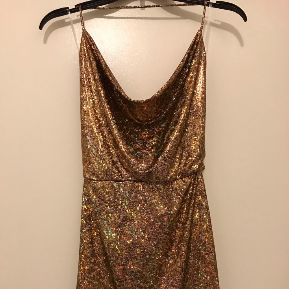 GOLD COWL NECK, BACKLESS HIGH SLIT PARTY DRESS